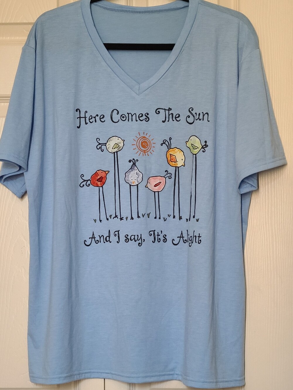 Light Sky Blue V-Neck Short Sleeve T 'Here Comes The Sun' Birds Graphic Soft 3XL